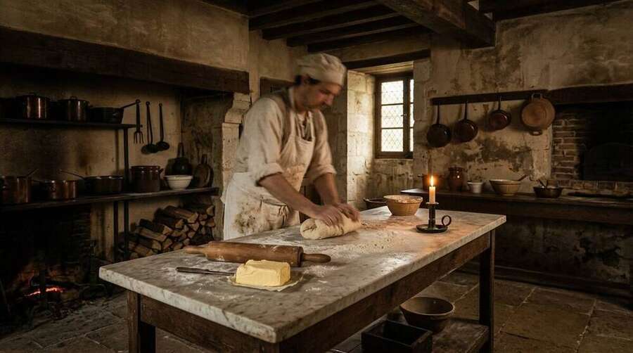 A 17th-century French pastry kitchen with a long marble counter, rolling pin, slab of butter on flour, lit by a candle and small window