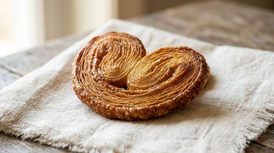 A freshly baked palmier on a cream linen napkin, golden-amber and sugar-glazed, with hundreds of visible fine layers radiating from the centre
