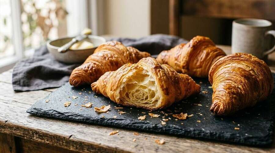 Three or four freshly baked croissants on a dark stone board, golden-amber crust, slightly cracked open showing layered interior