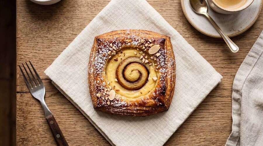 A kouign-amann pastry with a dark caramelised mahogany top and dramatic layered sides catching the light, on a dark slate plate