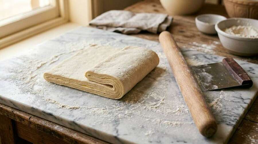 A marble pastry slab dusted with flour, with a long French rolling pin, a bench scraper, and a folded edge of dough at the start of a lamination