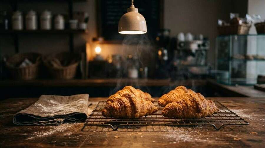A wire cooling rack with three or four freshly baked croissants, soft steam rising, bakery counter in soft shadow behind, single lamp casting warm light