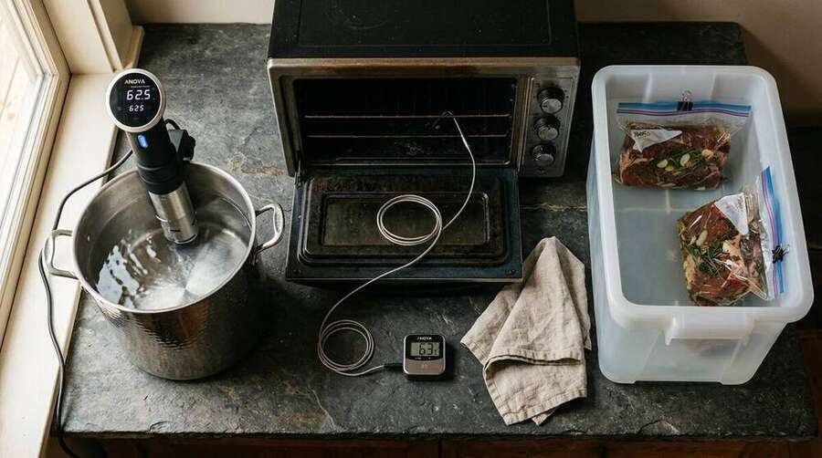 Three sous-vide setups arranged as a still life: a precision immersion circulator, a conventional oven with a probe thermometer, and an insulated cooler with bags floating in water
