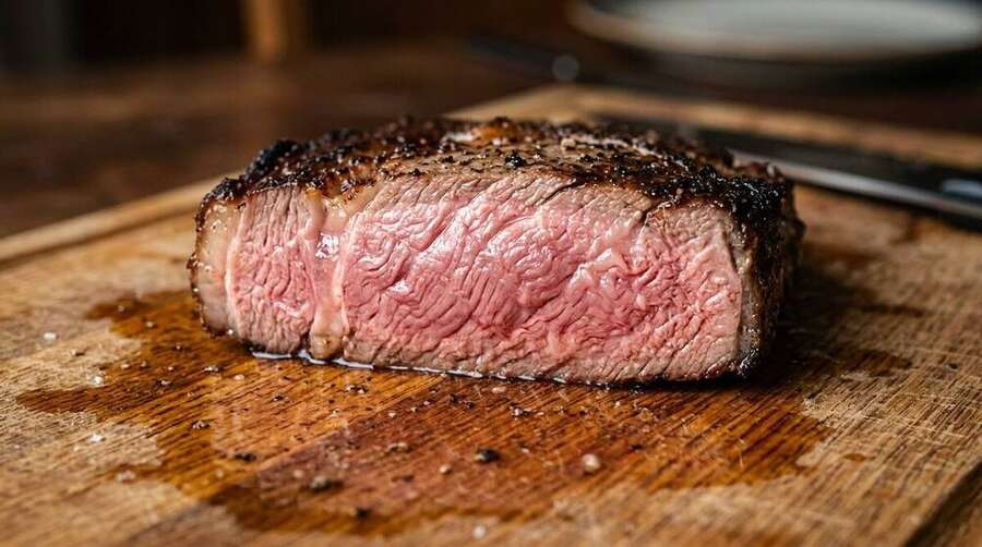A thick ribeye sliced across the grain, showing edge-to-edge uniform pink medium-rare with a thin dark sear on the outside