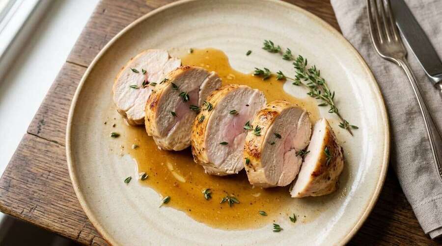 A sous-vide chicken breast sliced into thick medallions on a cream plate, with juices pooling and thyme leaves