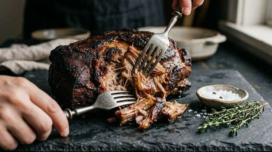 Slow-cooked pork shoulder being pulled apart with two forks, glossy strands of fat-flecked meat on a dark stone surface