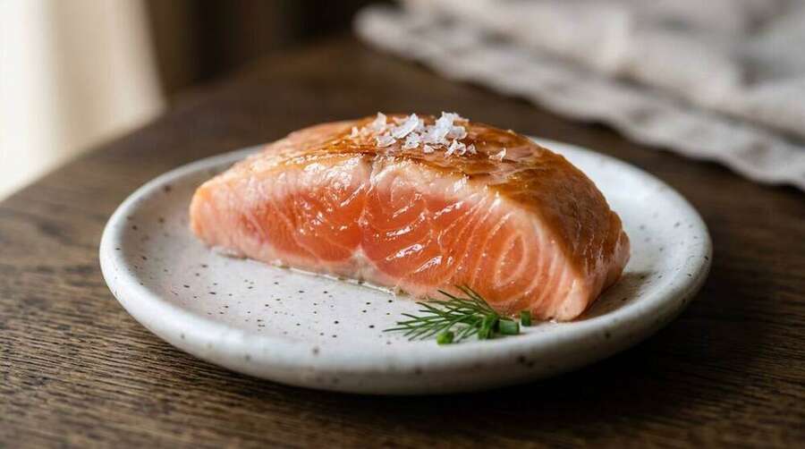 A salmon fillet cooked mi-cuit, glossy and almost-translucent, shifting from pale opaque pink at the edge to deeper salmon-orange at the centre