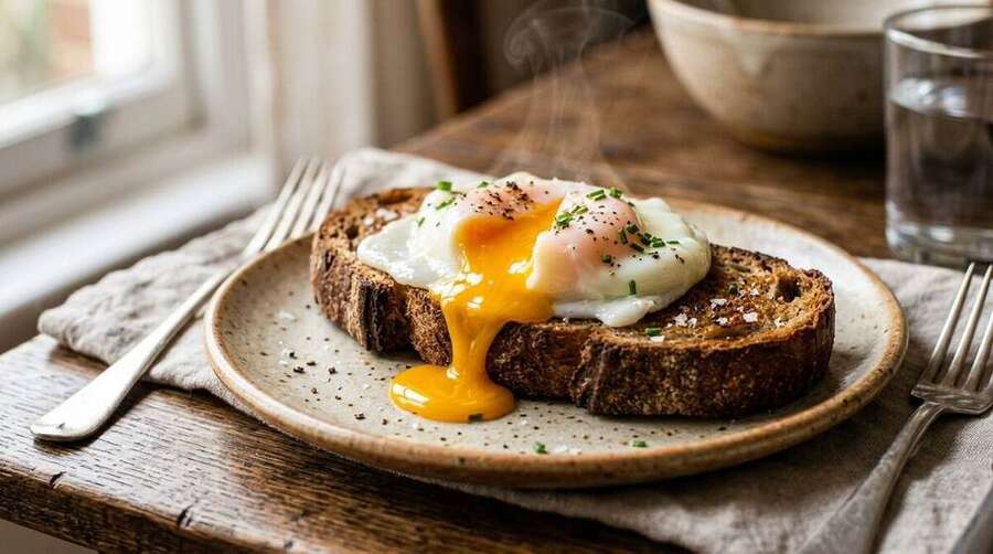 A 63°C egg cracked over a slice of warm dark sourdough, the yolk slumping out in a thick slow ribbon