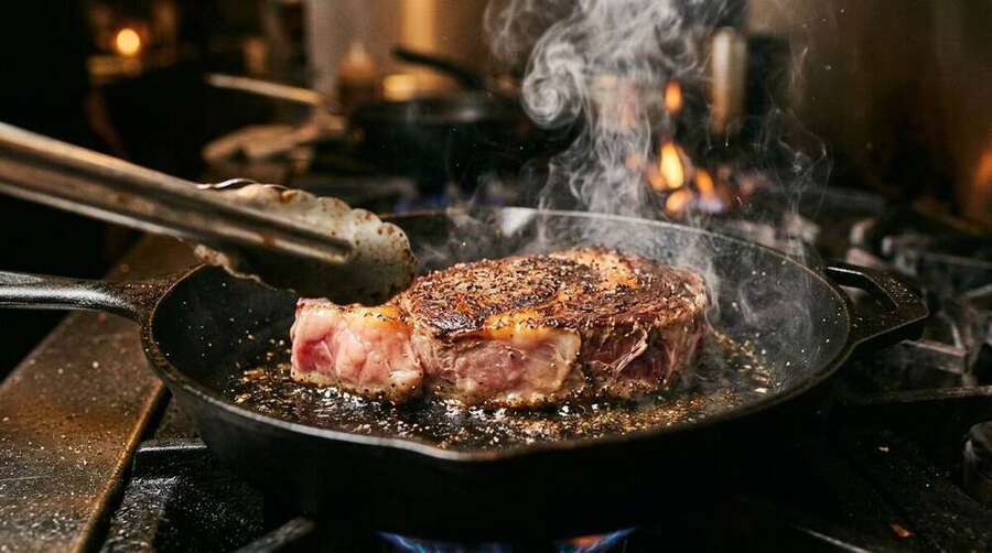 A thick steak being seared in a black cast-iron skillet with white smoke rising and a dark crust forming, the side of the steak still rosy