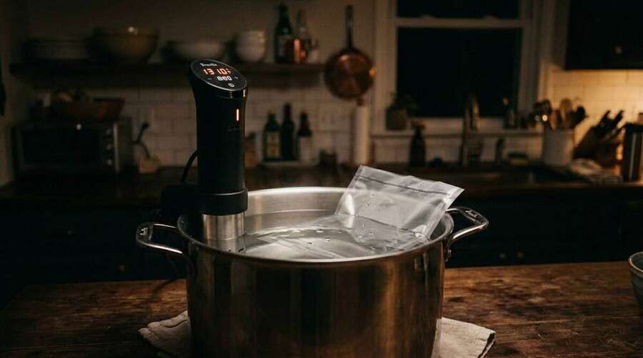 A steel pot of clear water with an immersion circulator clipped to the rim and a single empty sous-vide bag floating, kitchen behind in soft shadow
