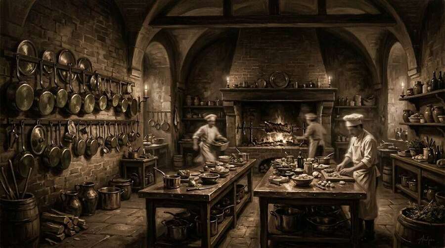 A 19th-century French aristocratic kitchen with copper pots, brick walls, and chefs in whites