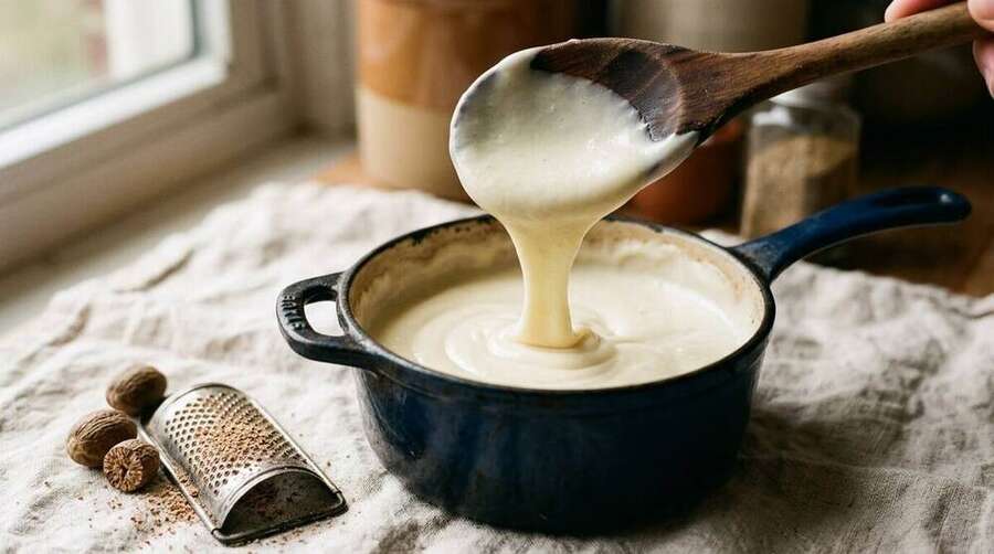 A thick white béchamel cascading off a wooden spoon into a small enameled cast-iron pot, with a whole nutmeg and grater on the side