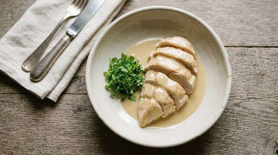Poached chicken breast napped with pale velouté sauce in a shallow ceramic bowl, with chopped chervil