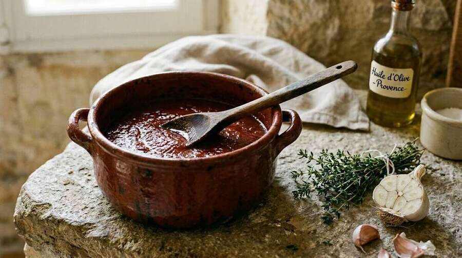 A rustic French earthenware pot of sauce tomate with a wooden spoon, sprigs of thyme and a halved garlic head