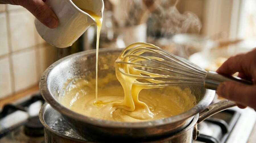 Hollandaise mid-emulsification — clarified butter being poured in a thin stream into yolks being whisked over a steaming pot