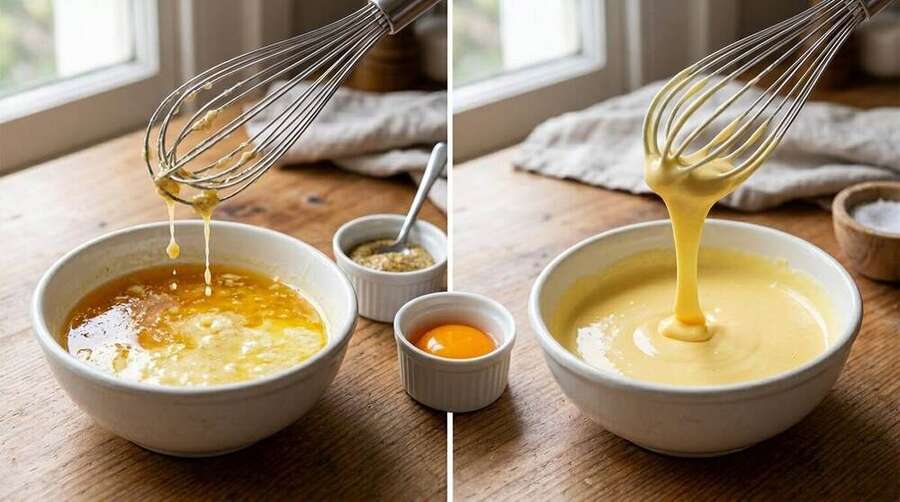 Diptych showing a broken hollandaise on the left and a rescued silky hollandaise on the right, with Dijon mustard and a fresh yolk between them