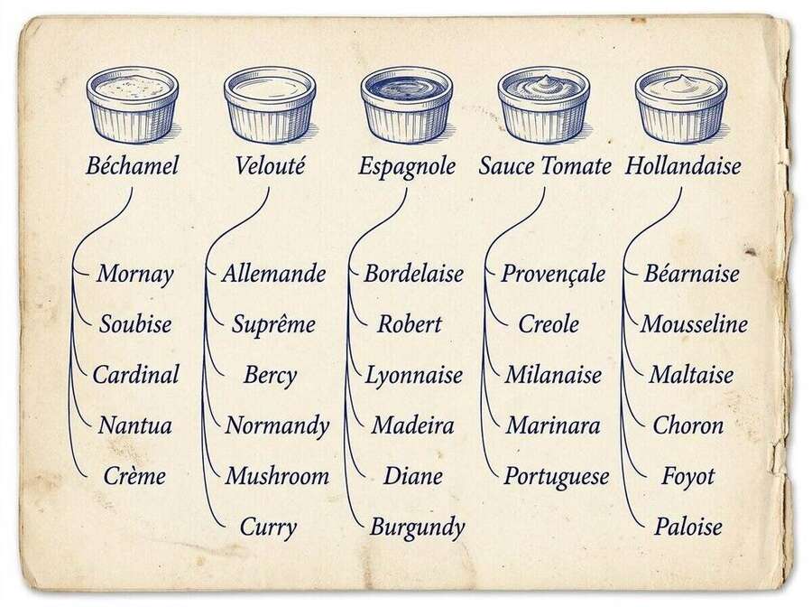Hand-drawn family tree diagram of the five French mother sauces and their daughter sauces, in cobalt-blue ink on cream paper