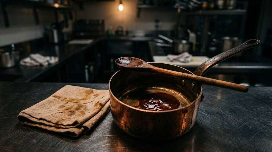 An almost-empty copper saucepan at end of service with a small puddle of demi-glace and a wooden spoon resting on the rim