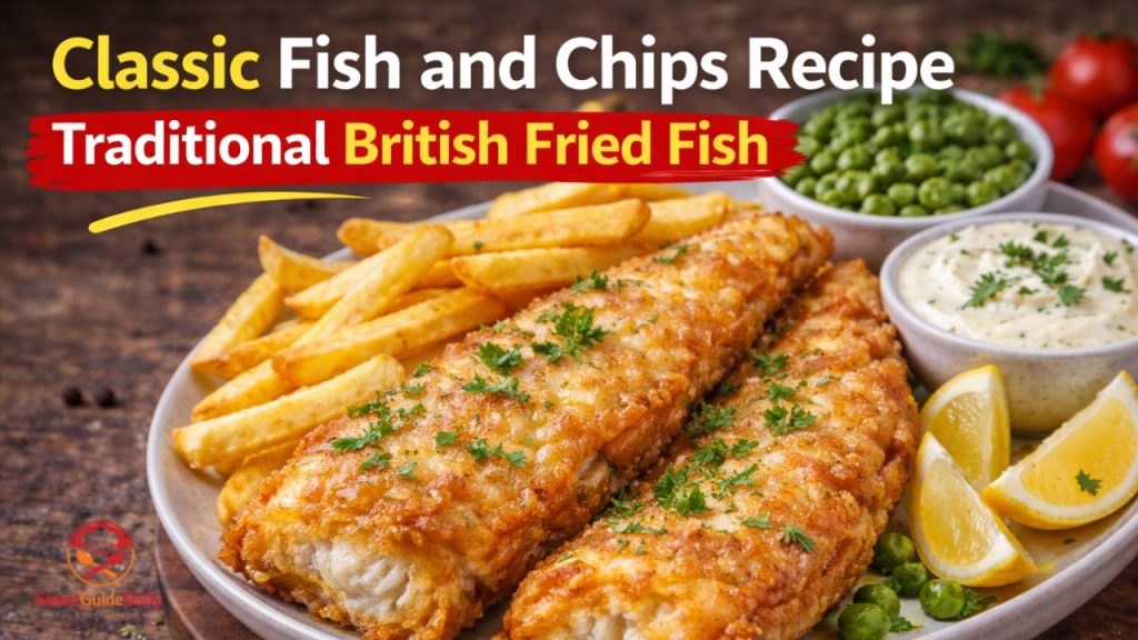 Classic British fish and chips with crispy fried fish and golden potato chips