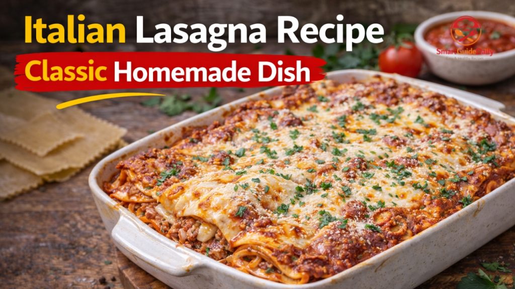Authentic Italian lasagna with meat sauce pasta layers and melted cheese