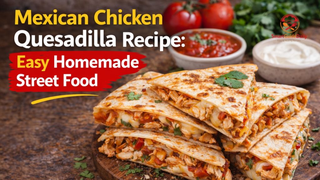 Mexican chicken quesadilla with melted cheese grilled tortilla and fresh toppings