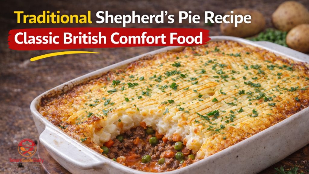 Traditional British Shepherd’s Pie with minced lamb filling and mashed potato topping