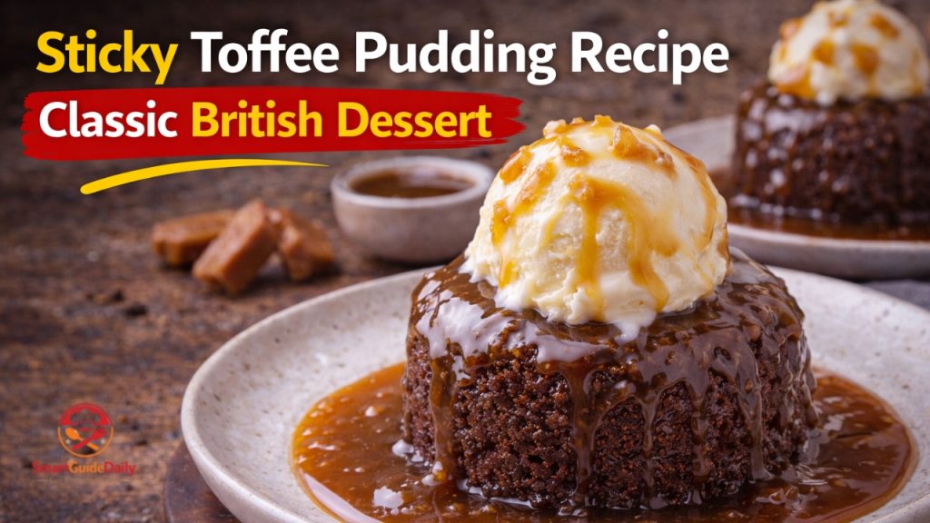 Traditional sticky toffee pudding with caramel sauce and vanilla ice cream