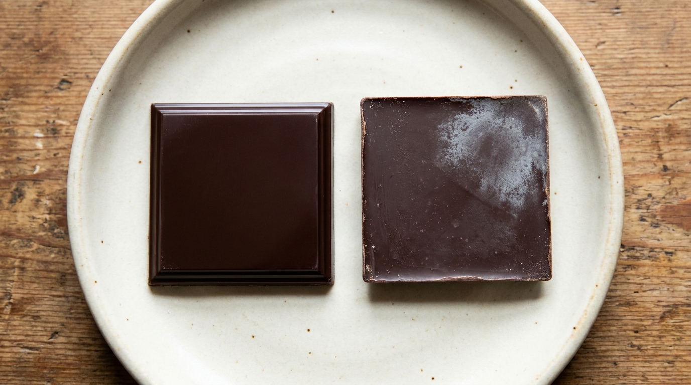Two dark chocolate squares side by side: the left glossy and sharp-edged, the right dull and matte with a faint grey haze of bloom