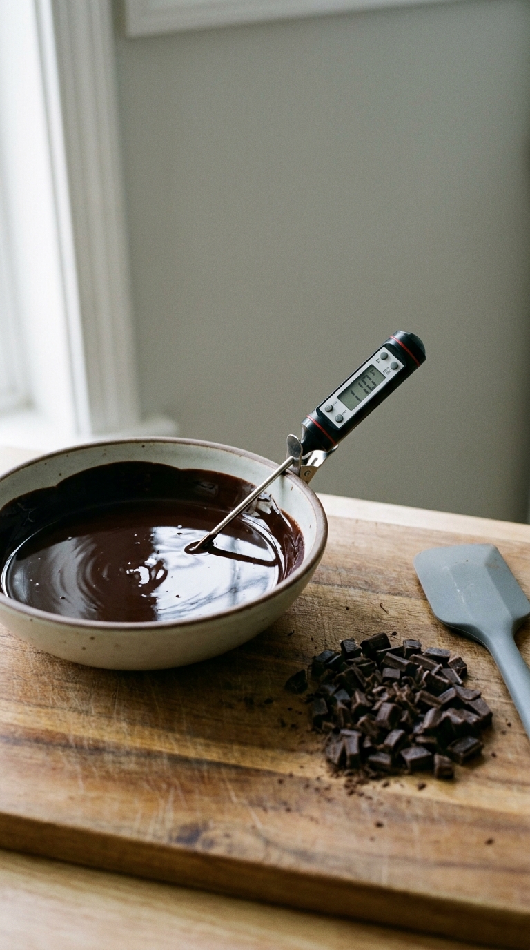 A bowl of melted dark chocolate with a digital probe thermometer clipped to the rim, chopped chocolate and a spatula beside it in soft morning light