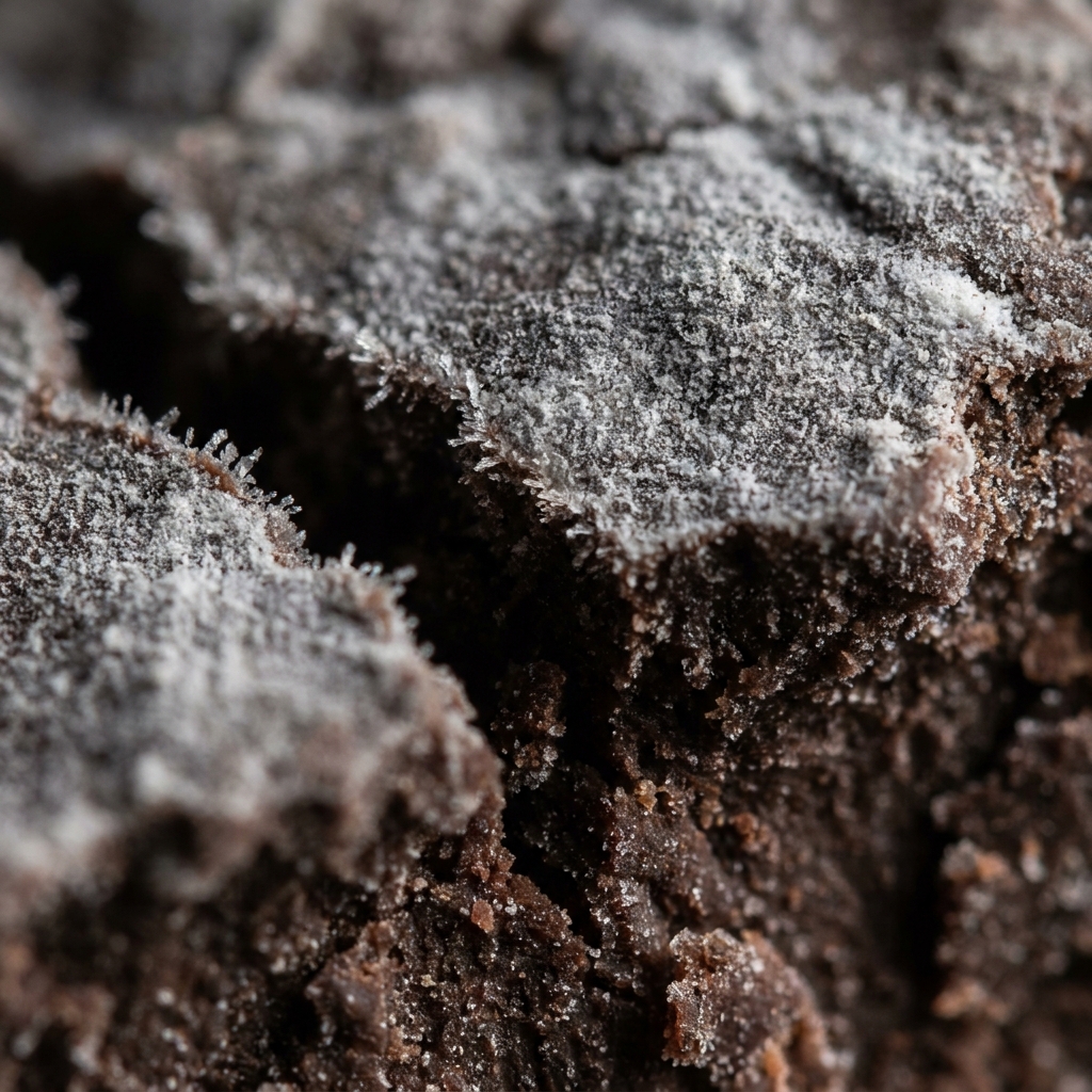 Extreme macro of a chocolate surface with grey-white fat bloom and fine crystalline protrusions catching raking side light