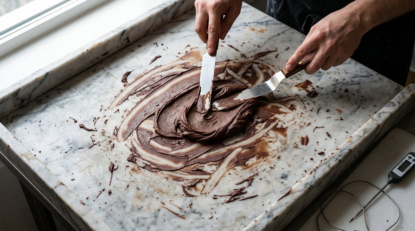 A marble slab with dark chocolate being spread and worked with a palette knife and offset spatula as it thickens, a thermometer at the edge of the frame