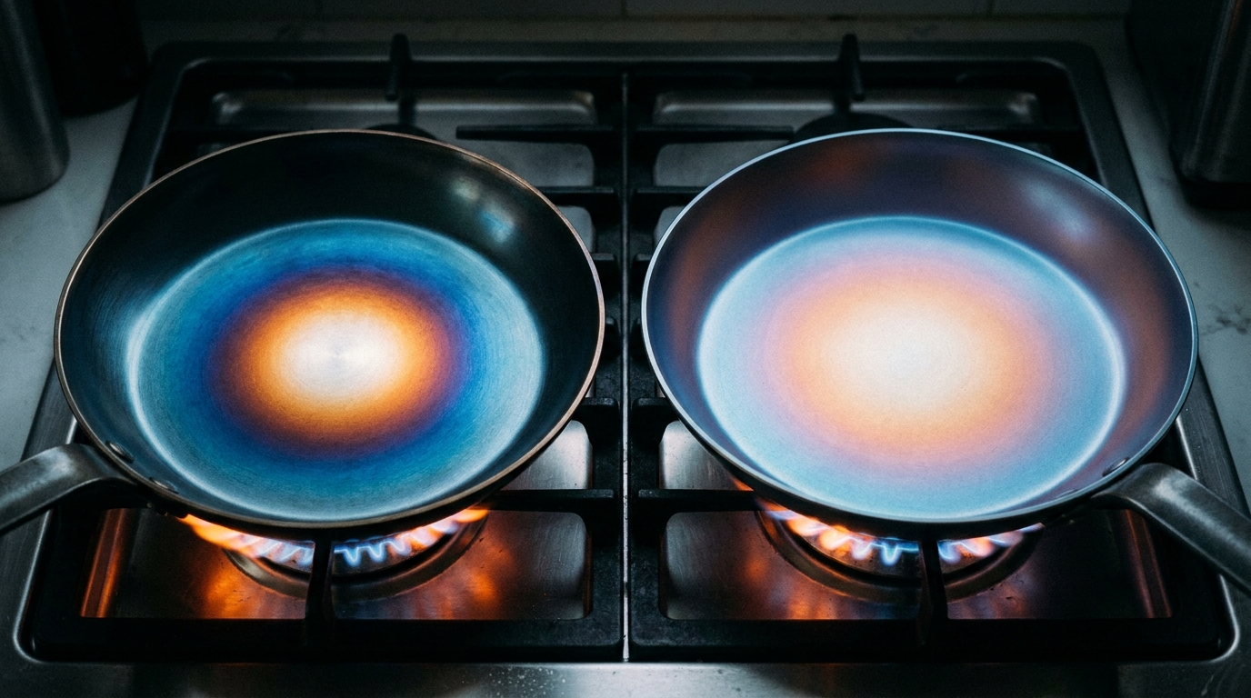 Two pans seen from above on a burner with a stylized heat gradient: the left pan has a hot central spot and cool edges, the right glows evenly across the whole surface