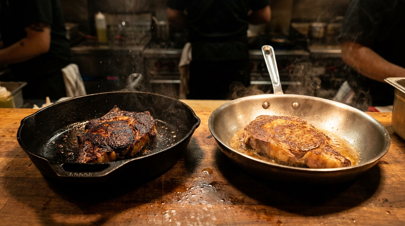 Two steaks searing at the same time, one in black cast iron and one in bright stainless steel, with a visible difference in how the crust is forming