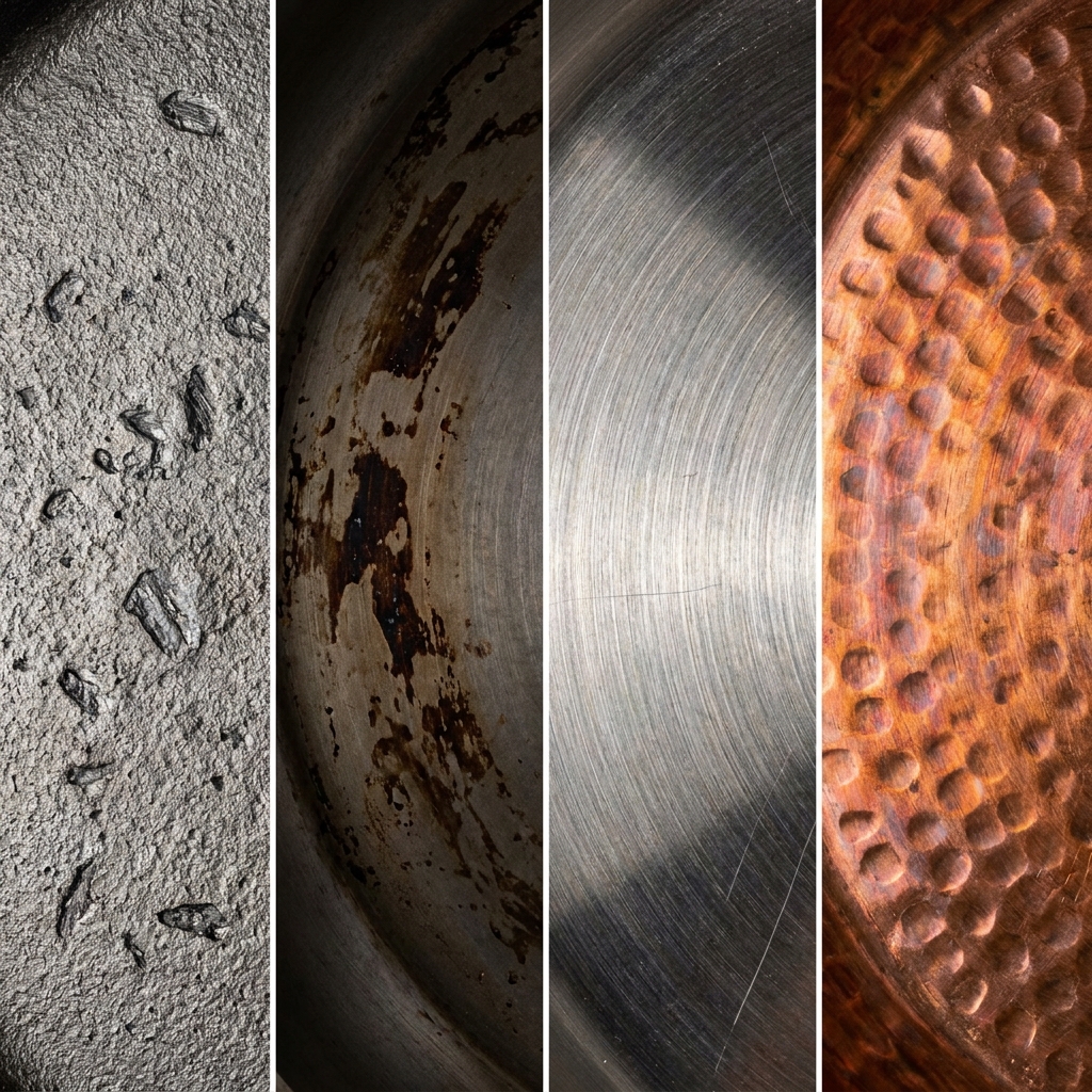 Extreme macro of four cookware surfaces side by side: rough cast iron, patinated carbon steel, brushed stainless, and hammered copper
