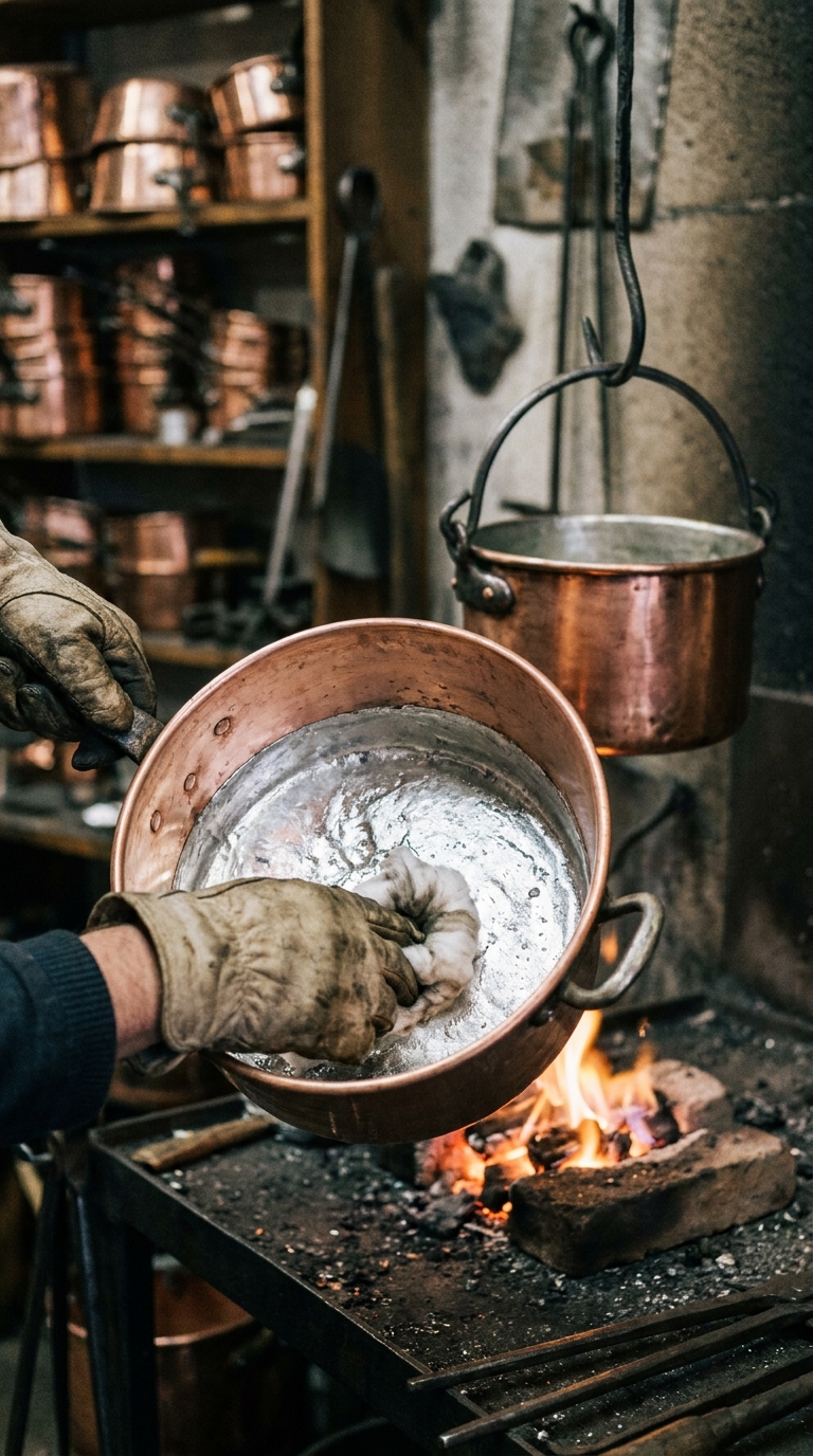 A craftsman's gloved hands wiping molten tin across the inside of a copper pot in a traditional tinning workshop, copper pots hanging in the warm-lit background