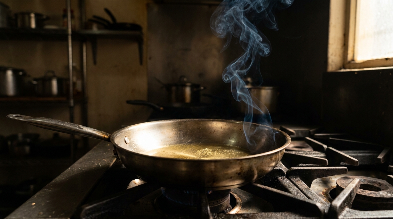 A thin first wisp of bluish smoke rising from hot oil in a stainless steel pan, shot low against a dark background