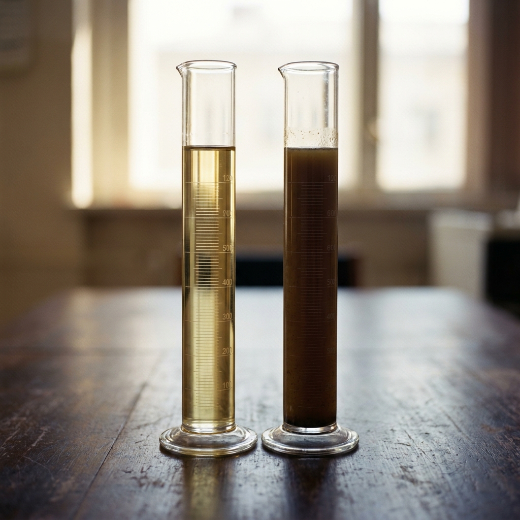 Two graduated glass cylinders side by side, one with pale clear fresh oil and one with dark cloudy used oil, backlit to show the contrast