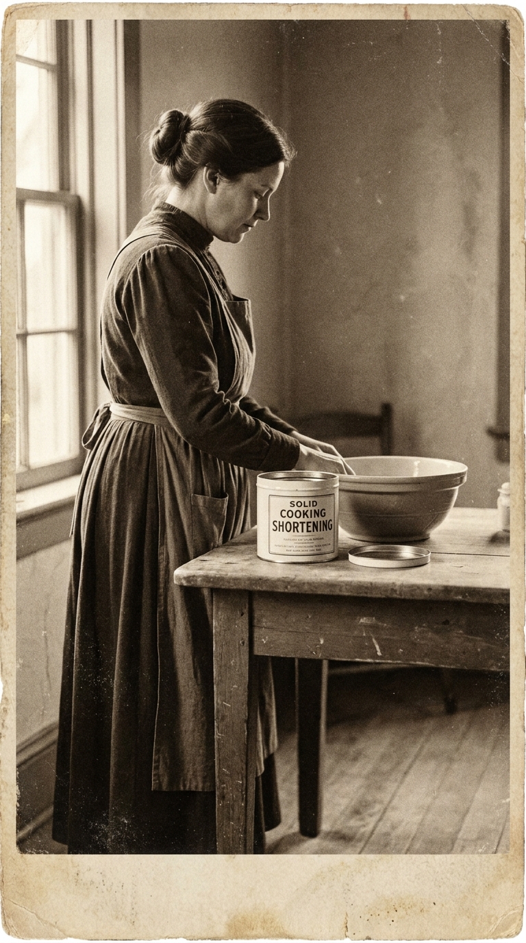 A vintage sepia-toned photograph of an early 1900s American kitchen with a woman at a worktable beside an open tin of white cooking shortening