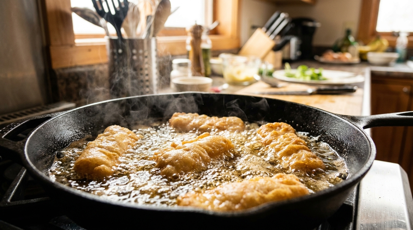 Close-up of battered food frying in a deep pan of hot oil, with vigorous golden bubbles and rising steam